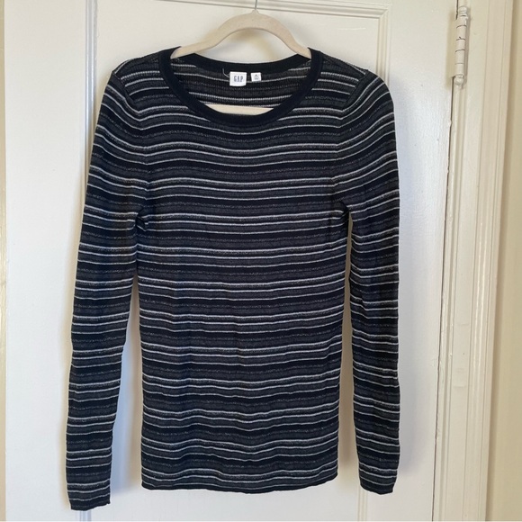 GAP Tops - GAP Ribbed Black Silvery Gray Striped Classic Crewneck Long Sleeve Tee - Size L